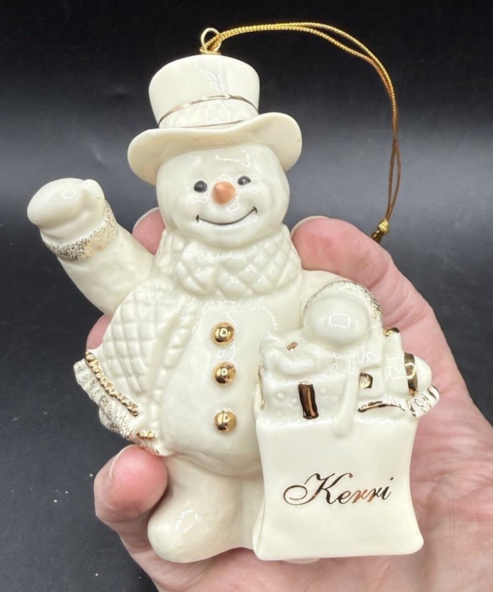 Lenox Snowman Ornament Trimmed in Gold Carrying Bag of Presents Kerri -LO31